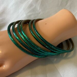 Vintage brass bangle bracelet stack set of 6 green teal etched